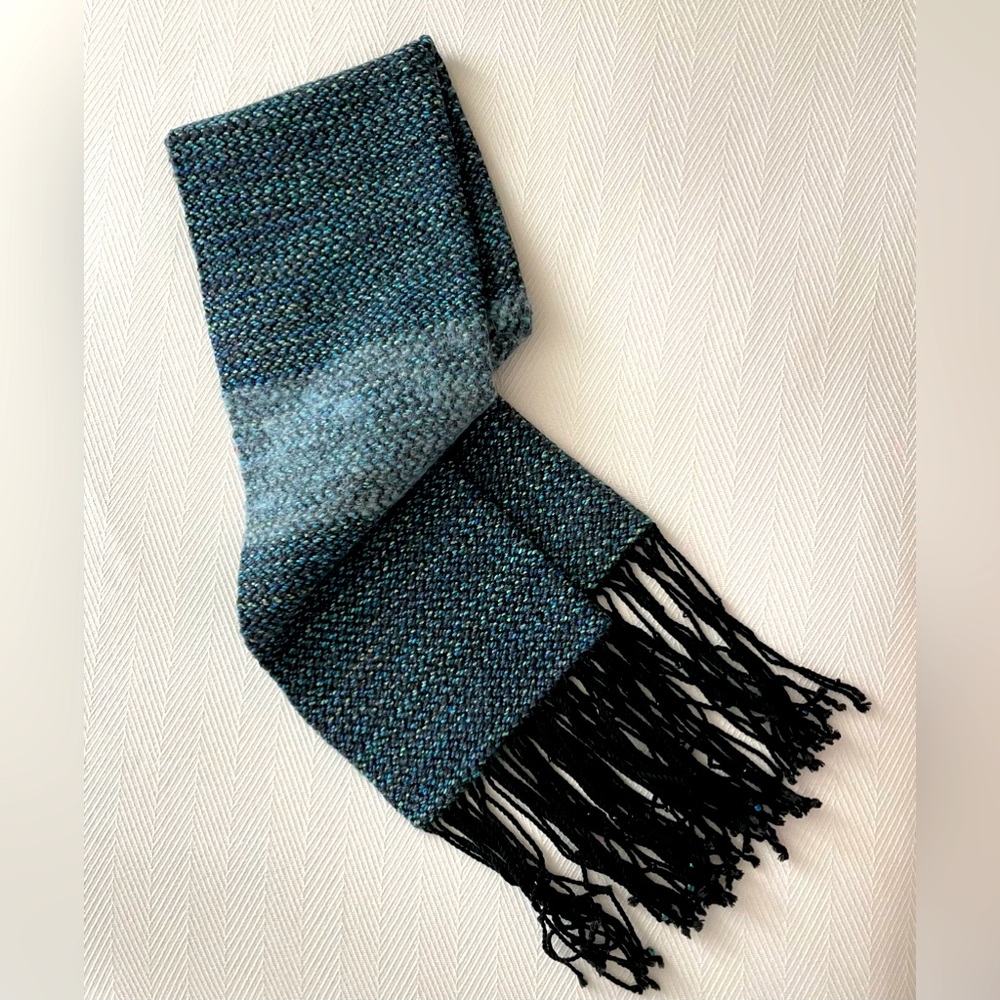 Long Knit Scarf Wrap Handmade Blue Multi w Black Beaded Fringe Shawl Beautiful
